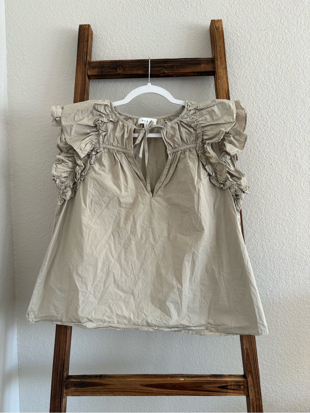 MARBLE Ruffle-Sleeve Tie-Neck Top in Light Beige